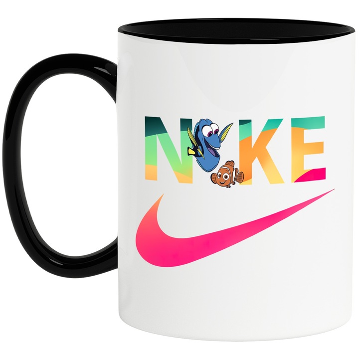 Cana Cu Nemo, Cu Textul "Nike" - Design 9, Ceramica, 330ML, Cu Maner si Interior Negru