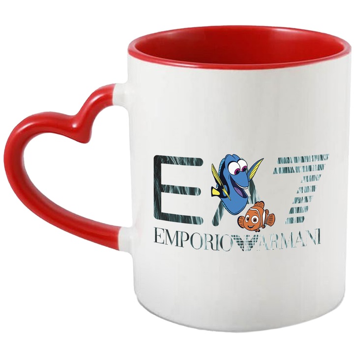 Cana Cu Nemo, Cu Textul "Emporio Armani EA" - Design 9, Ceramica, 330ML, Cu Maner Inima Rosie si Interior Rosu