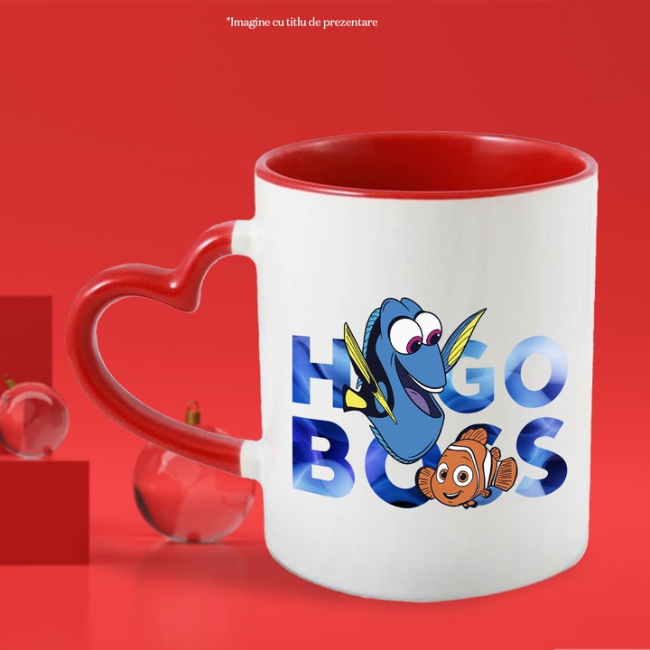 Cana Cu Nemo, Cu Textul "Hugo Boss" - Design 9, Ceramica, 330ML, Cu Maner Inima Rosie si Interior Rosu