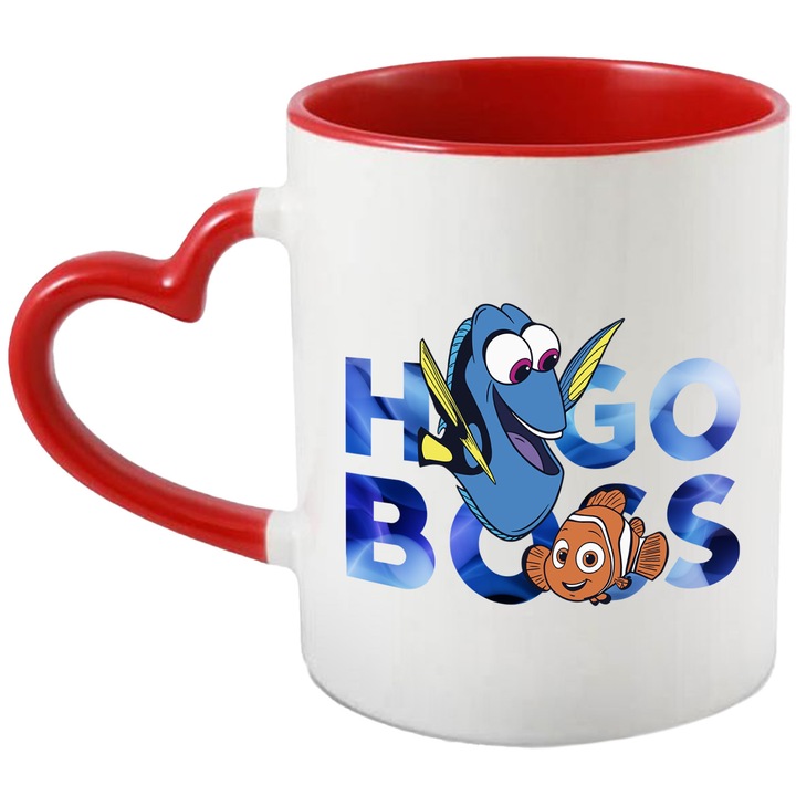 Cana Cu Nemo, Cu Textul "Hugo Boss" - Design 9, Ceramica, 330ML, Cu Maner Inima Rosie si Interior Rosu