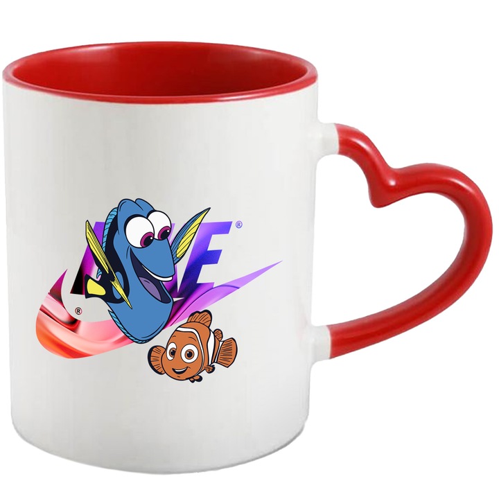 Cana Cu Nemo, Cu Textul "Nike" - Design 10, Ceramica, 330ML, Cu Maner Inima Rosie si Interior Rosu