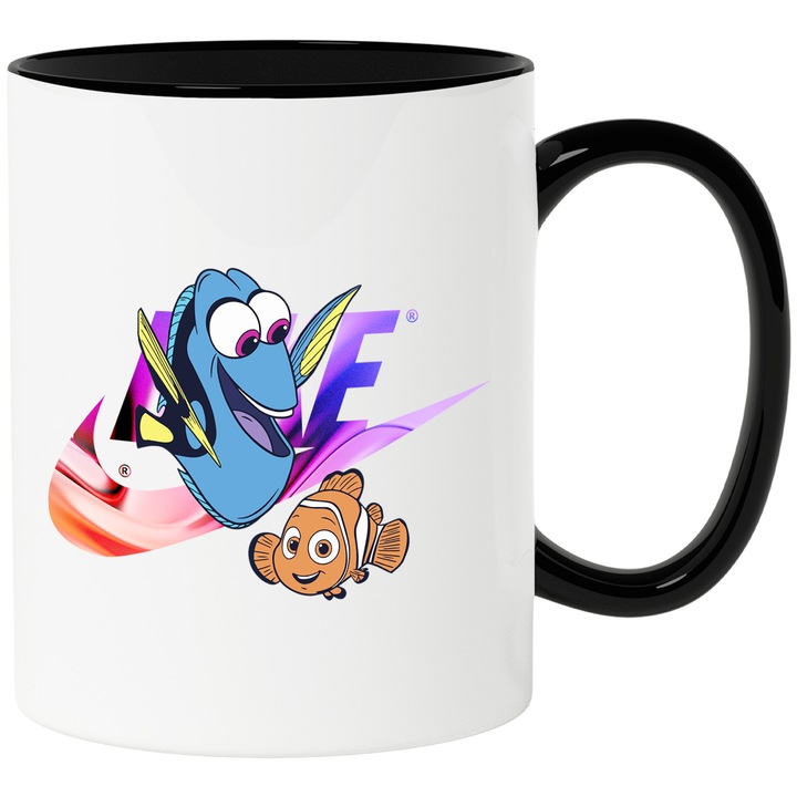 Cana Cu Nemo, Cu Textul "Nike" - Design 10, Ceramica, 330ML, Cu Maner si Interior Negru