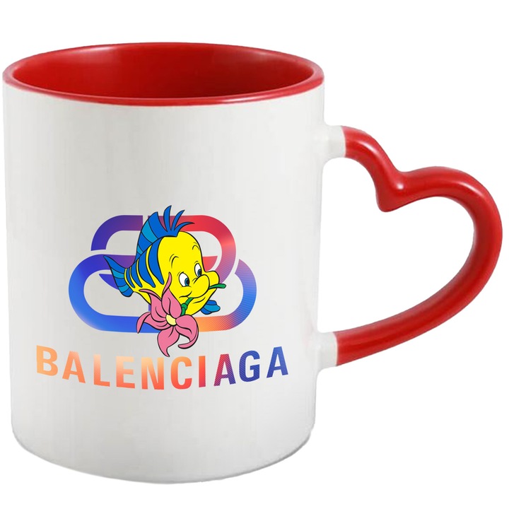 Cana Cu Nemo, Cu Textul "Balenciaga" - Design 10, Ceramica, 330ML, Cu Maner Inima Rosie si Interior Rosu