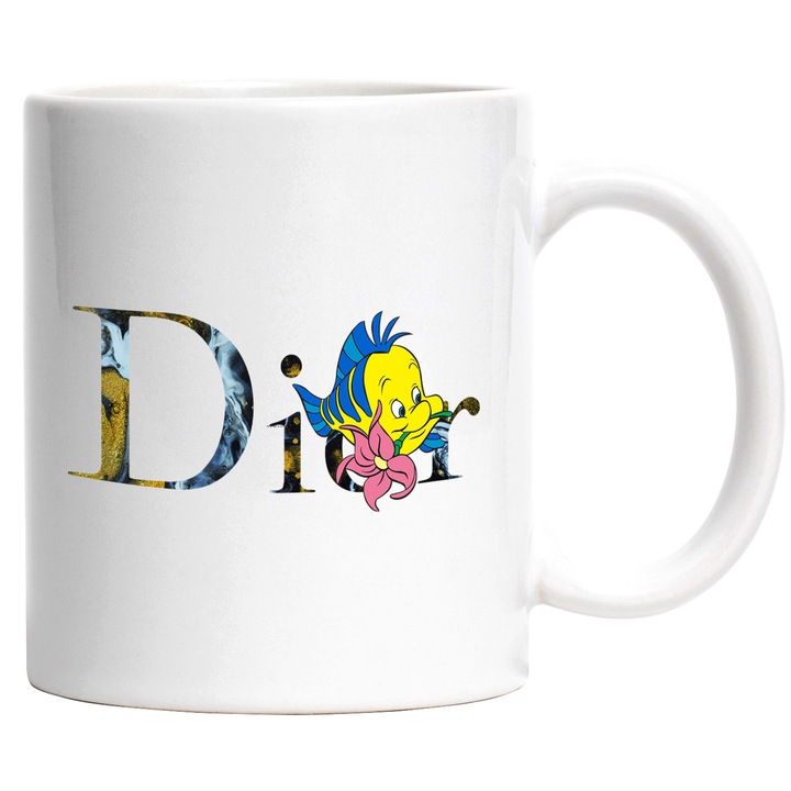 Cana Cu Nemo, Cu Textul "Dior" - Design 2, Ceramica, 330ML, Cu Maner si Interior Alb