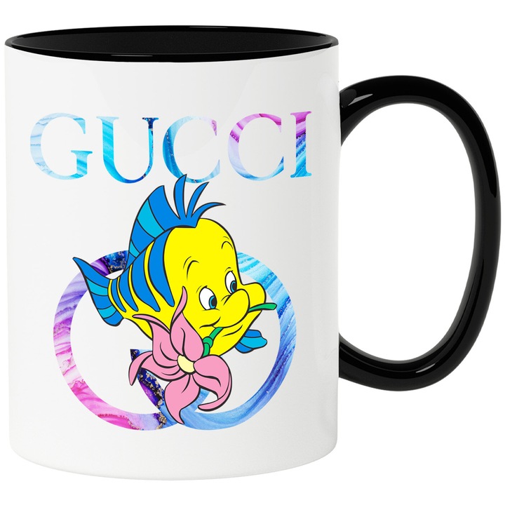 Cana Cu Nemo, Cu Textul "Gucci" - Design 10, Ceramica, 330ML, Cu Maner si Interior Negru