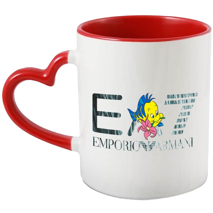 Cana Cu Nemo, Cu Textul "Emporio Armani EA" - Design 10, Ceramica, 330ML, Cu Maner Inima Rosie si Interior Rosu