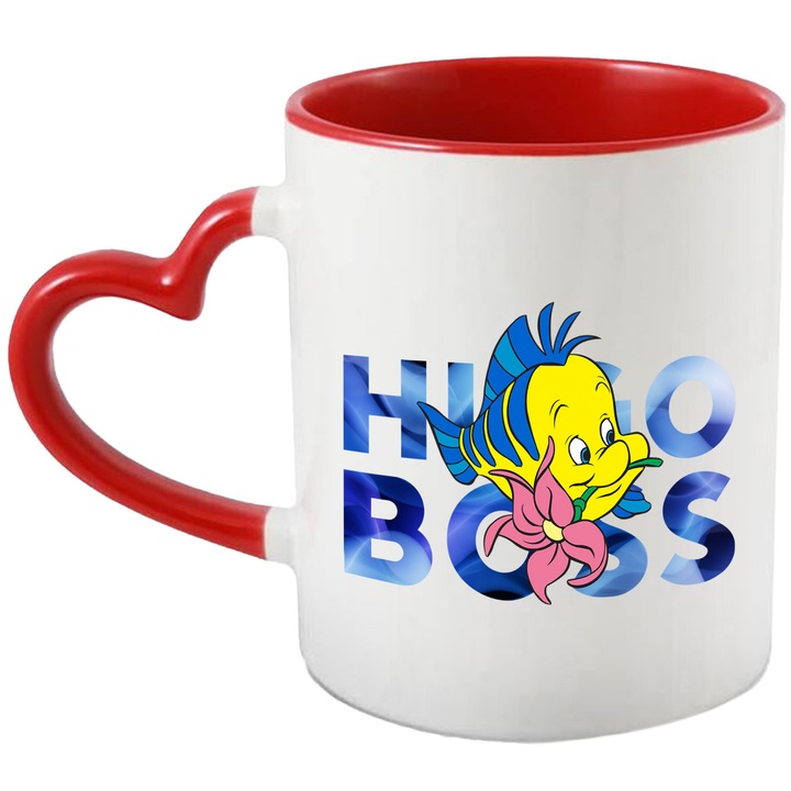 Cana Cu Nemo, Cu Textul "Hugo Boss" - Design 10, Ceramica, 330ML, Cu Maner Inima Rosie si Interior Rosu