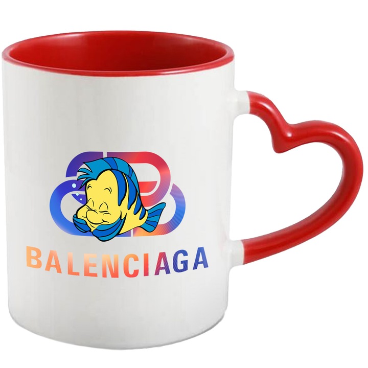 Cana Cu Nemo, Cu Textul "Balenciaga" - Design 11, Ceramica, 330ML, Cu Maner Inima Rosie si Interior Rosu