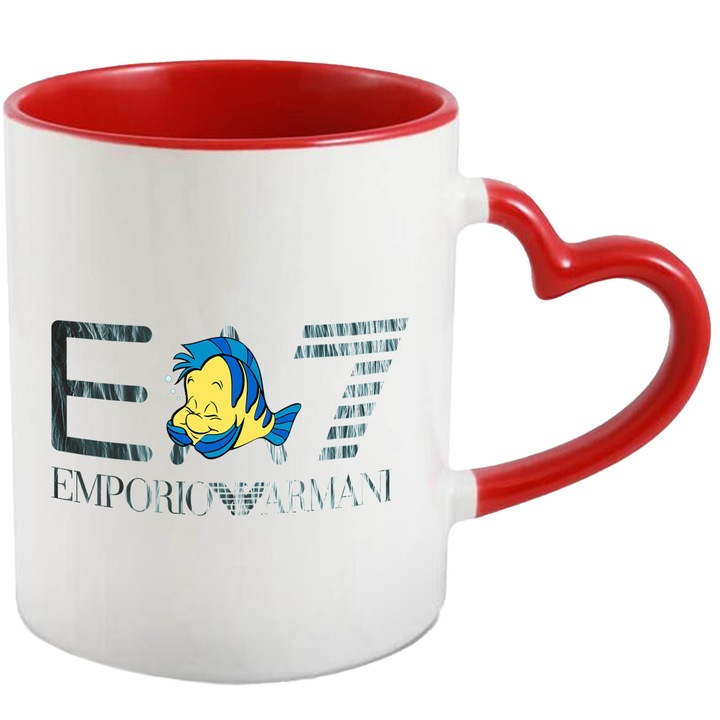 Cana Cu Nemo, Cu Textul "Emporio Armani EA" - Design 11, Ceramica, 330ML, Cu Maner Inima Rosie si Interior Rosu