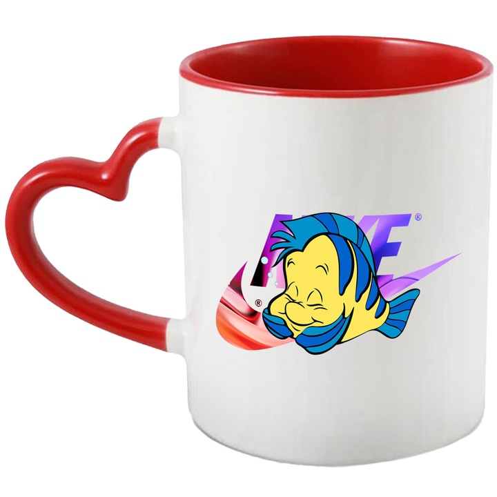 Cana Cu Nemo, Cu Textul "Nike" - Design 16, Ceramica, 330ML, Cu Maner Inima Rosie si Interior Rosu