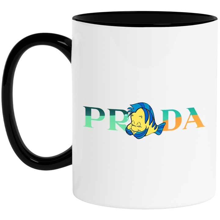 Cana Cu Nemo, Cu Textul "Prada" - Design 3, Ceramica, 330ML, Cu Maner si Interior Negru
