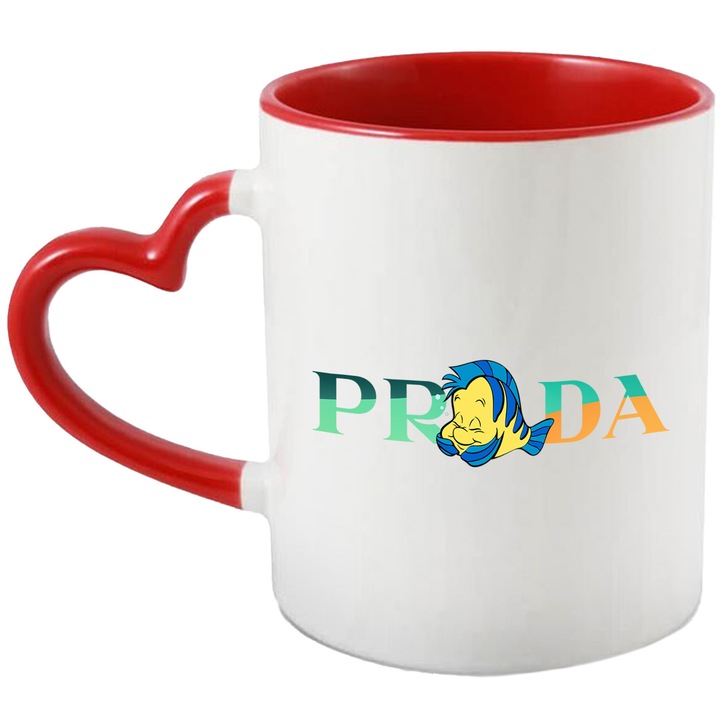 Cana Cu Nemo, Cu Textul "Prada" - Design 3, Ceramica, 330ML, Cu Maner Inima Rosie si Interior Rosu