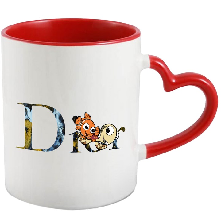 Cana Cu Nemo, Cu Textul "Dior" - Design 4, Ceramica, 330ML, Cu Maner Inima Rosie si Interior Rosu