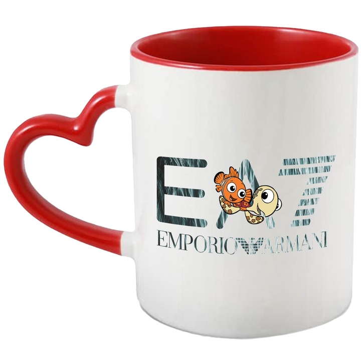 Cana Cu Nemo, Cu Textul "Emporio Armani EA" - Design 12, Ceramica, 330ML, Cu Maner Inima Rosie si Interior Rosu
