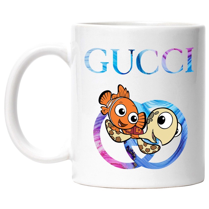 Cana Cu Nemo, Cu Textul "Gucci" - Design 12, Ceramica, 330ML, Cu Maner si Interior Alb