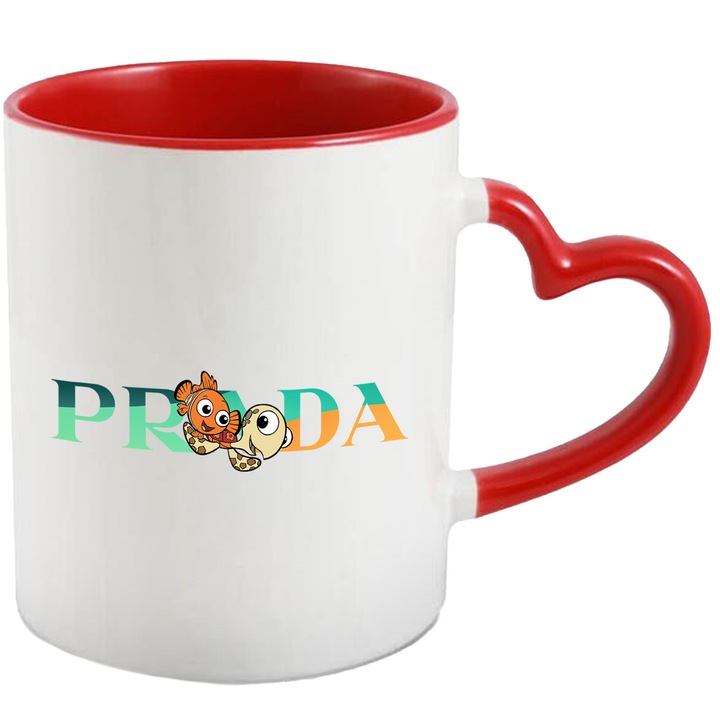 Cana Cu Nemo, Cu Textul "Prada" - Design 4, Ceramica, 330ML, Cu Maner Inima Rosie si Interior Rosu