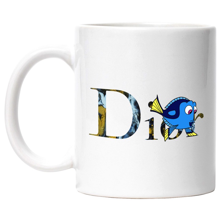 Cana Cu Nemo, Cu Textul "Dior" - Design 5, Ceramica, 330ML, Cu Maner si Interior Alb
