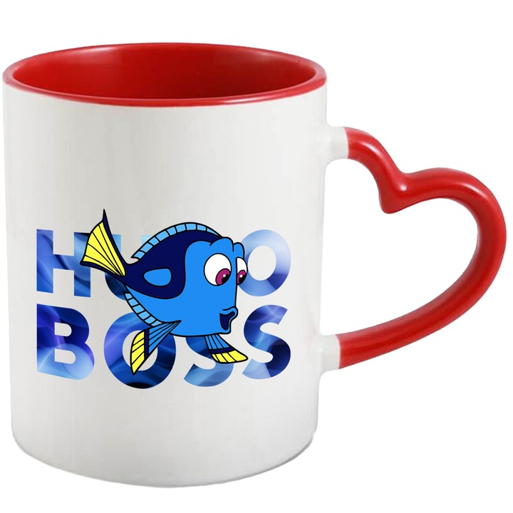 Cana Cu Nemo, Cu Textul "Hugo Boss" - Design 13, Ceramica, 330ML, Cu Maner Inima Rosie si Interior Rosu
