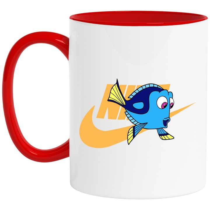 Cana Cu Nemo, Cu Textul "Nike" - Design 23, Ceramica, 330ML, Cu Maner si Interior Rosu