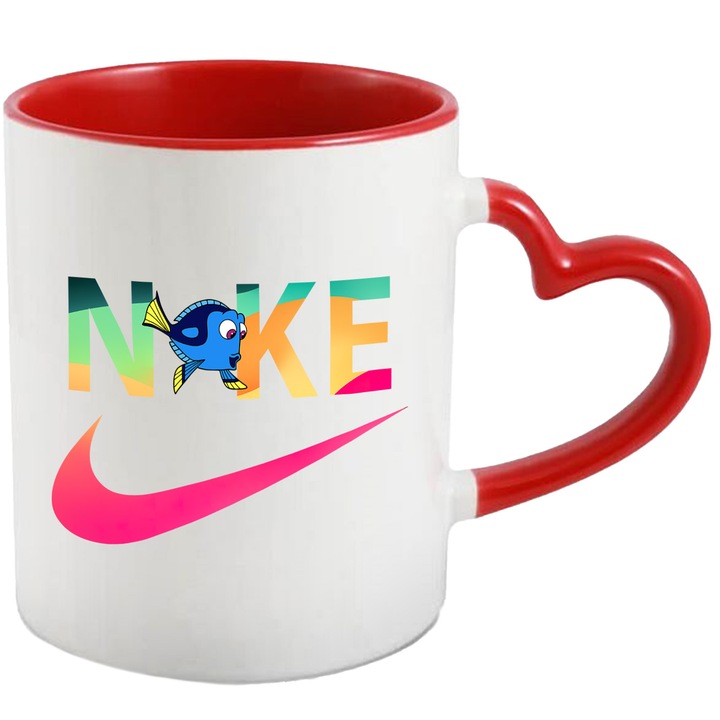 Cana Cu Nemo, Cu Textul "Nike" - Design 21, Ceramica, 330ML, Cu Maner Inima Rosie si Interior Rosu