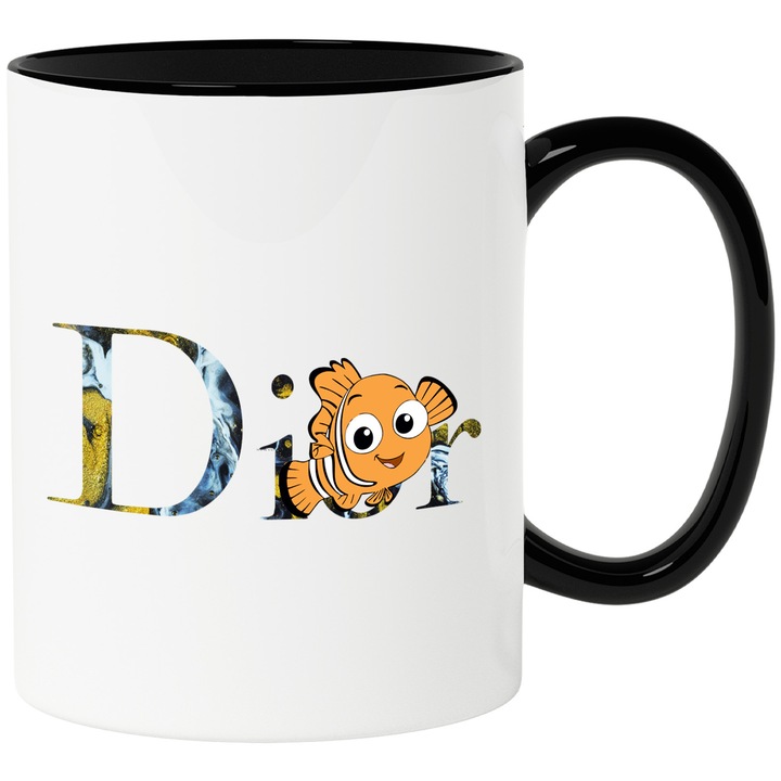 Cana Cu Nemo, Cu Textul "Dior" - Design 6, Ceramica, 330ML, Cu Maner si Interior Negru