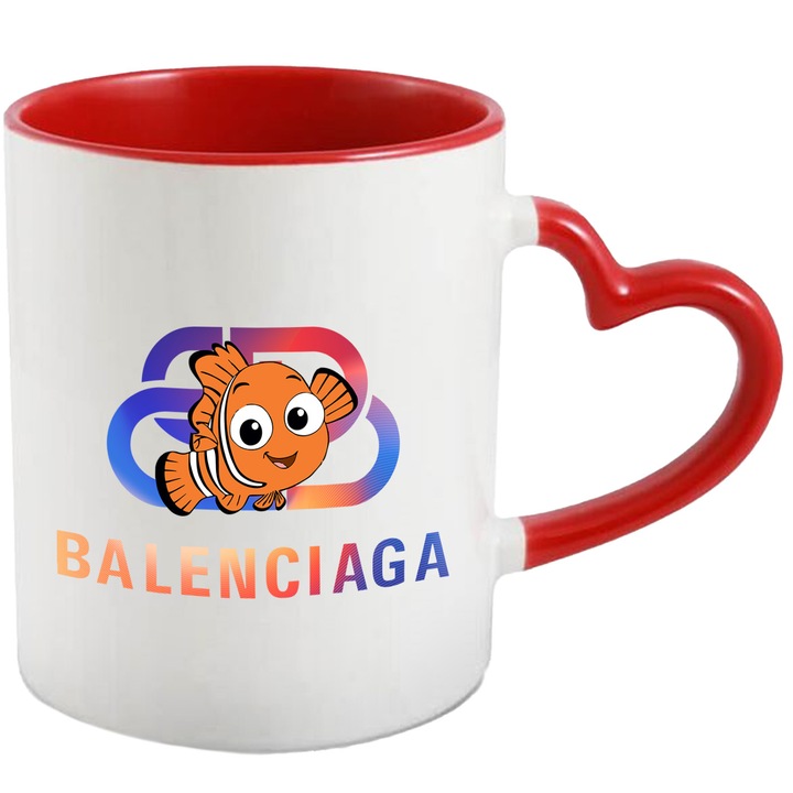 Cana Cu Nemo, Cu Textul "Balenciaga" - Design 14, Ceramica, 330ML, Cu Maner Inima Rosie si Interior Rosu