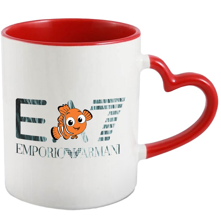 Cana Cu Nemo, Cu Textul "Emporio Armani EA" - Design 14, Ceramica, 330ML, Cu Maner Inima Rosie si Interior Rosu
