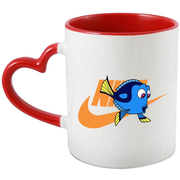 Cana Cu Nemo, Cu Textul "Nike" - Design 23, Ceramica, 330ML, Cu Maner Inima Rosie si Interior Rosu