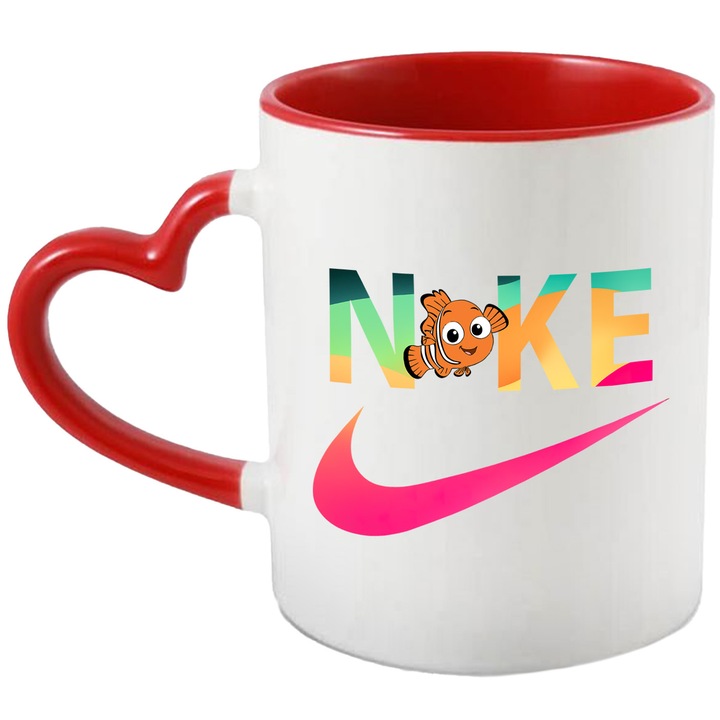 Cana Cu Nemo, Cu Textul "Nike" - Design 24, Ceramica, 330ML, Cu Maner Inima Rosie si Interior Rosu