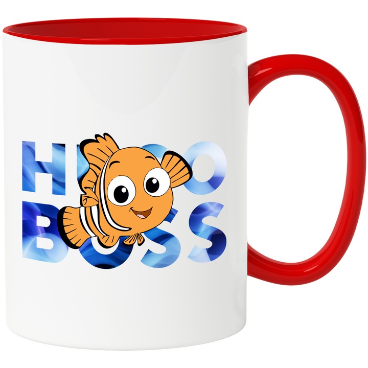 Cana Cu Nemo, Cu Textul "Hugo Boss" - Design 14, Ceramica, 330ML, Cu Maner si Interior Rosu