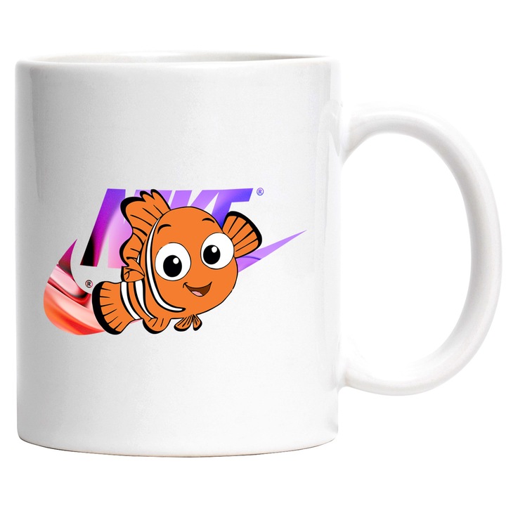 Cana Cu Nemo, Cu Textul "Nike" - Design 25, Ceramica, 330ML, Cu Maner si Interior Alb