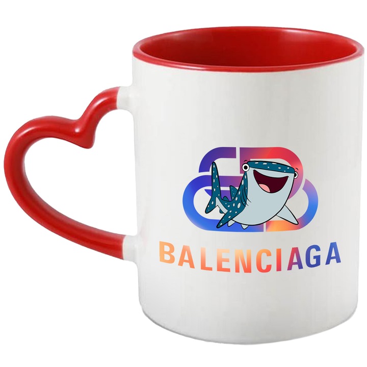 Cana Cu Nemo, Cu Textul "Balenciaga" - Design 15, Ceramica, 330ML, Cu Maner Inima Rosie si Interior Rosu