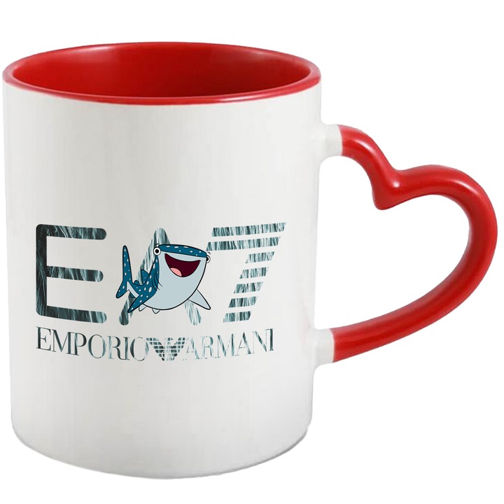 Cana Cu Nemo, Cu Textul "Emporio Armani EA" - Design 15, Ceramica, 330ML, Cu Maner Inima Rosie si Interior Rosu
