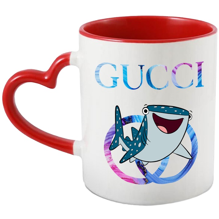 Cana Cu Nemo, Cu Textul "Gucci" - Design 15, Ceramica, 330ML, Cu Maner Inima Rosie si Interior Rosu
