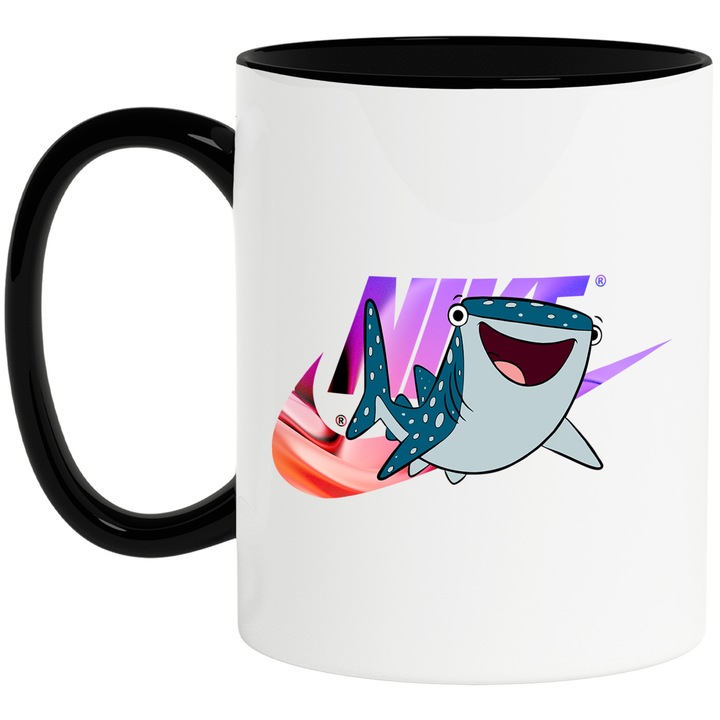 Cana Cu Nemo, Cu Textul "Nike" - Design 28, Ceramica, 330ML, Cu Maner si Interior Negru
