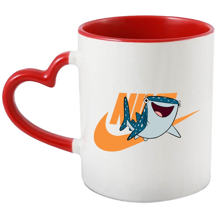 Cana Cu Nemo, Cu Textul "Nike" - Design 29, Ceramica, 330ML, Cu Maner Inima Rosie si Interior Rosu