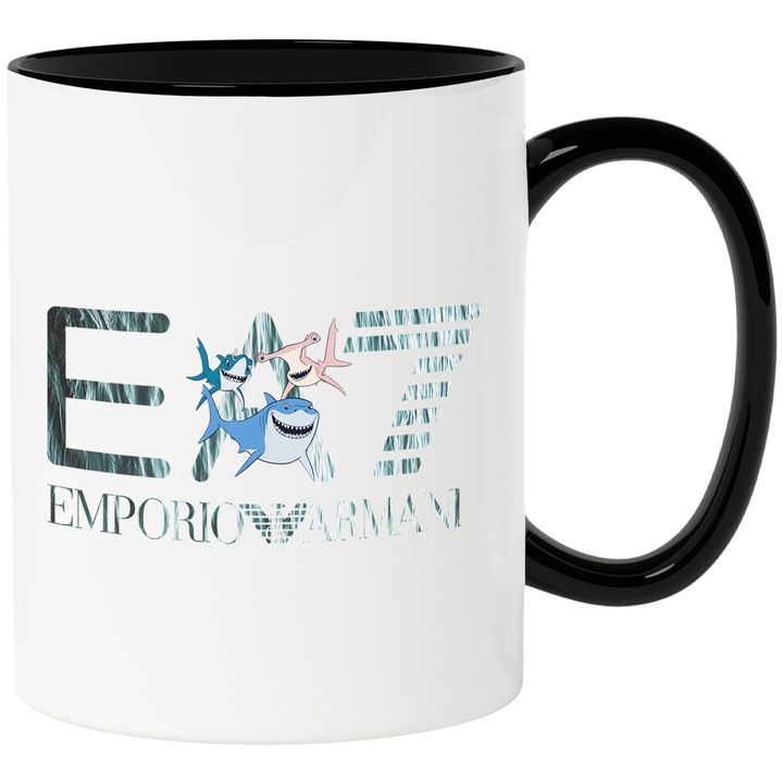 Cana Cu Nemo, Cu Textul "Emporio Armani EA" - Design 16, Ceramica, 330ML, Cu Maner si Interior Negru