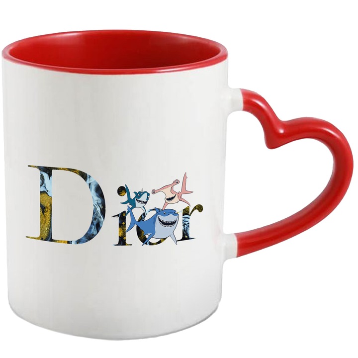 Cana Cu Nemo, Cu Textul "Dior" - Design 8, Ceramica, 330ML, Cu Maner Inima Rosie si Interior Rosu