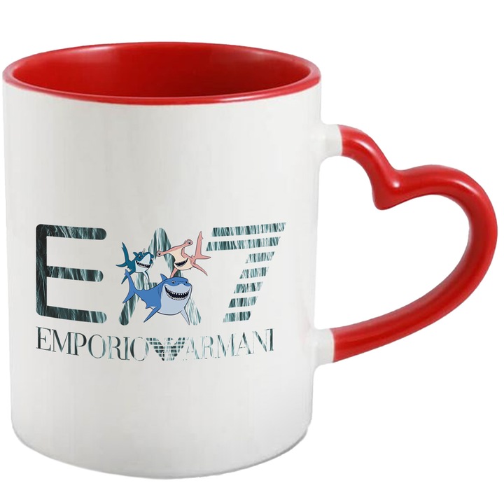 Cana Cu Nemo, Cu Textul "Emporio Armani EA" - Design 16, Ceramica, 330ML, Cu Maner Inima Rosie si Interior Rosu