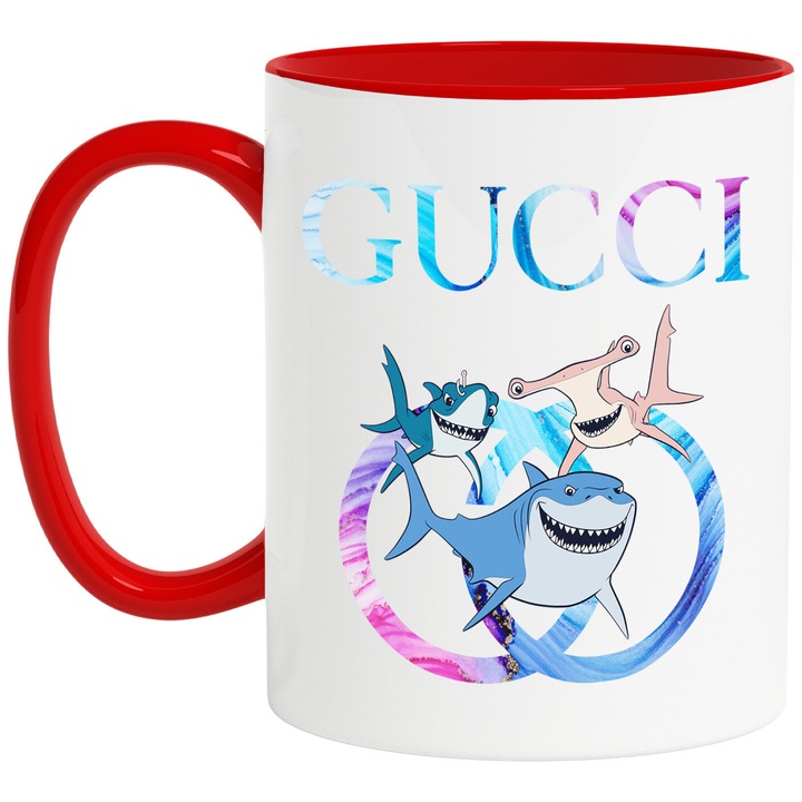 Cana Cu Nemo, Cu Textul "Gucci" - Design 16, Ceramica, 330ML, Cu Maner si Interior Rosu