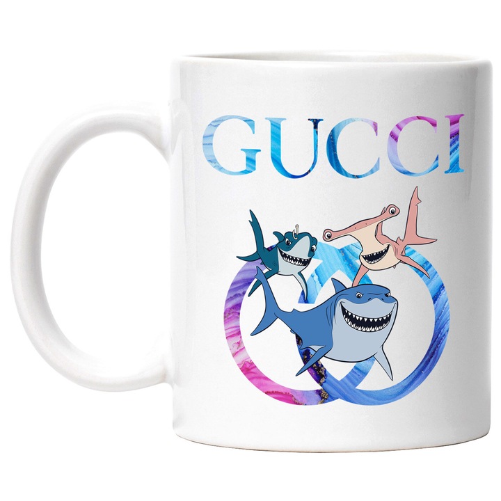 Cana Cu Nemo, Cu Textul "Gucci" - Design 16, Ceramica, 330ML, Cu Maner si Interior Alb