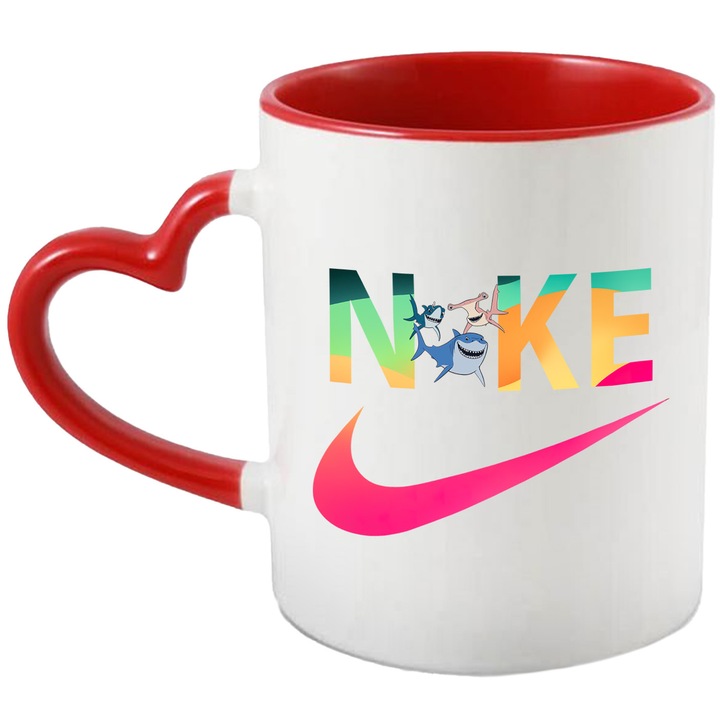 Cana Cu Nemo, Cu Textul "Nike" - Design 30, Ceramica, 330ML, Cu Maner Inima Rosie si Interior Rosu