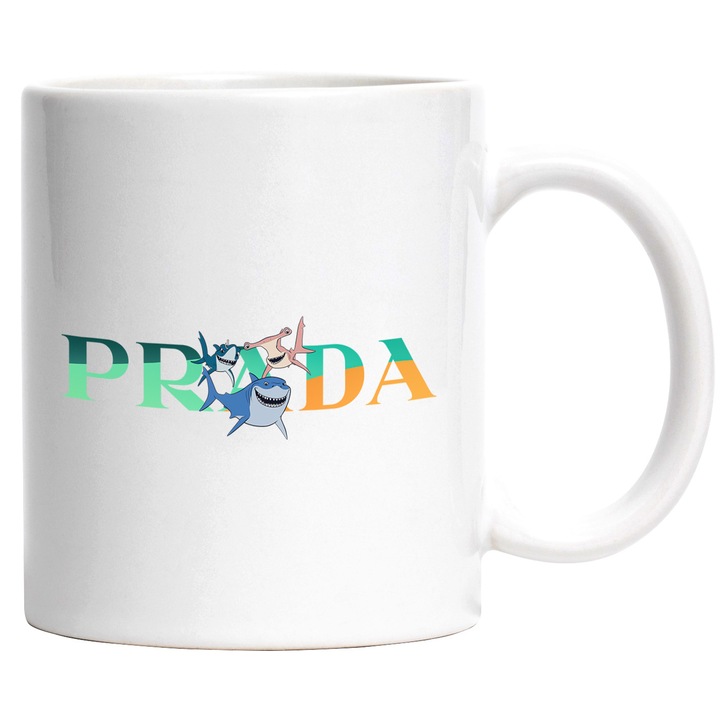 Cana Cu Nemo, Cu Textul "Prada" - Design 8, Ceramica, 330ML, Cu Maner si Interior Alb
