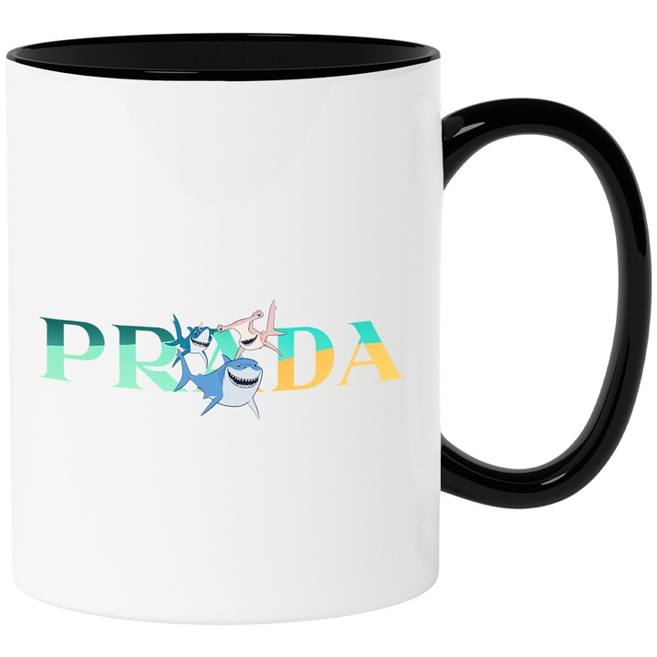 Cana Cu Nemo, Cu Textul "Prada" - Design 8, Ceramica, 330ML, Cu Maner si Interior Negru