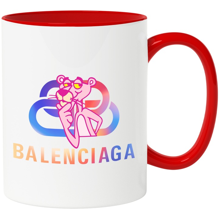 Cana Cu Pantera Roz, Cu Textul "Balenciaga" - Design 5, Ceramica, 330ML, Cu Maner si Interior Rosu