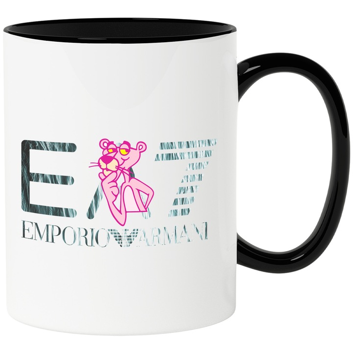 Cana Cu Pantera Roz, Cu Textul "Emporio Armani EA" - Design 5, Ceramica, 330ML, Cu Maner si Interior Negru