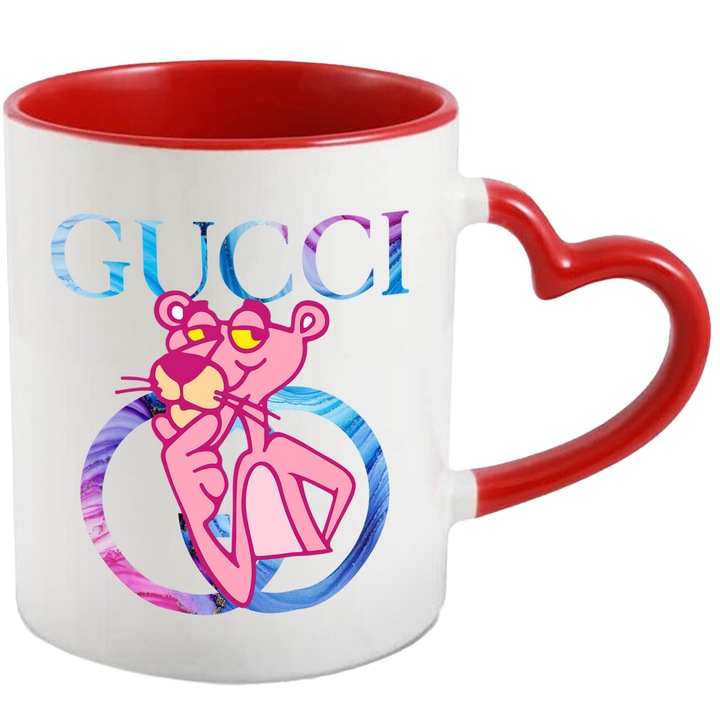 Cana Cu Pantera Roz, Cu Textul "Gucci" - Design 5, Ceramica, 330ML, Cu Maner Inima Rosie si Interior Rosu