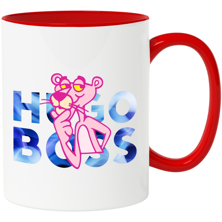 Cana Cu Pantera Roz, Cu Textul "Hugo Boss" - Design 5, Ceramica, 330ML, Cu Maner si Interior Rosu