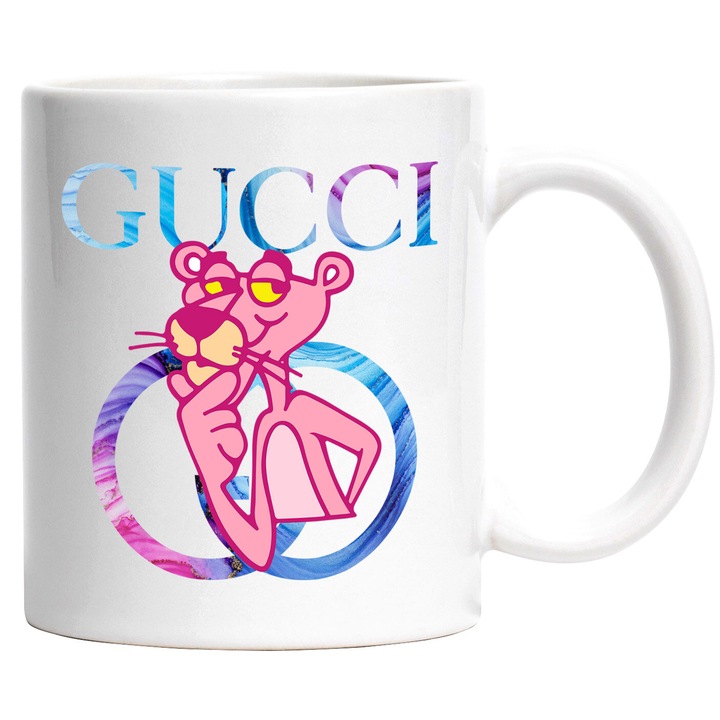 Cana Cu Pantera Roz, Cu Textul "Gucci" - Design 5, Ceramica, 330ML, Cu Maner si Interior Alb