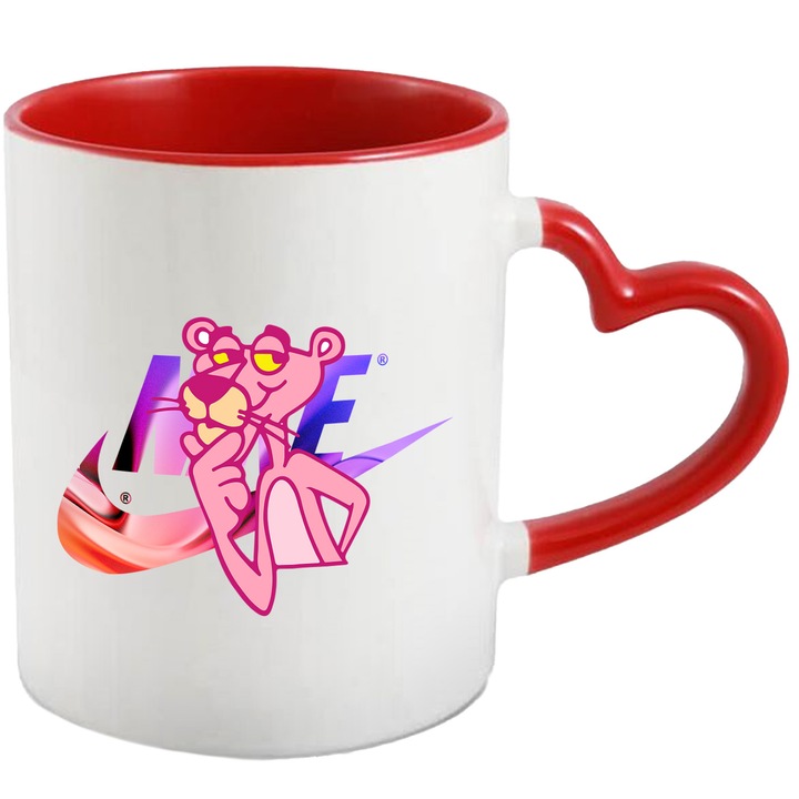 Cana Cu Pantera Roz, Cu Textul "Nike" - Design 6, Ceramica, 330ML, Cu Maner Inima Rosie si Interior Rosu